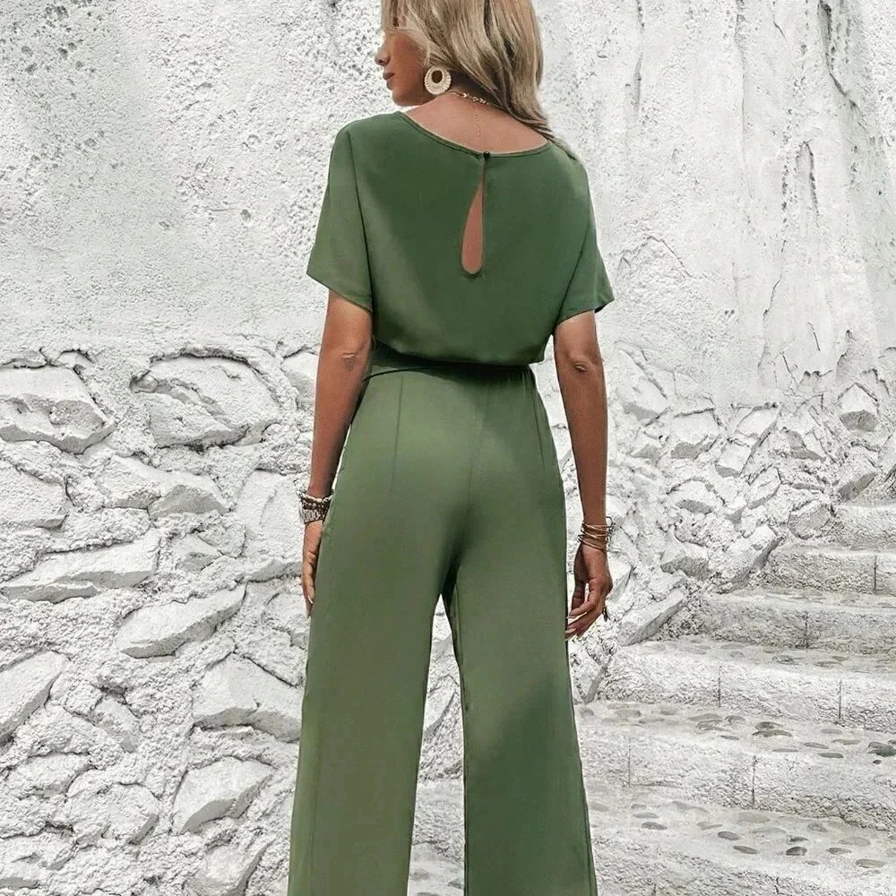 Army Green Preppy Womens Solid Batwing Sleeve Belted Jumpsuit - Picture 2 of 4